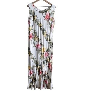 Vintage‎ 80s Two Palms Tropical Floral Print Ruffle Hem Sleeveless Midi Dress, L